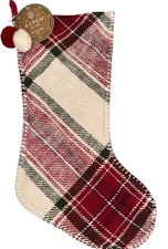 ASPEN Christmas Stocking Pom Pom RED GREEN CREAM PLAID 22 new