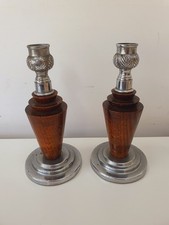 Vintage Pair of Wood & Silver Tone Candlestick Holder 18cm Art Deco