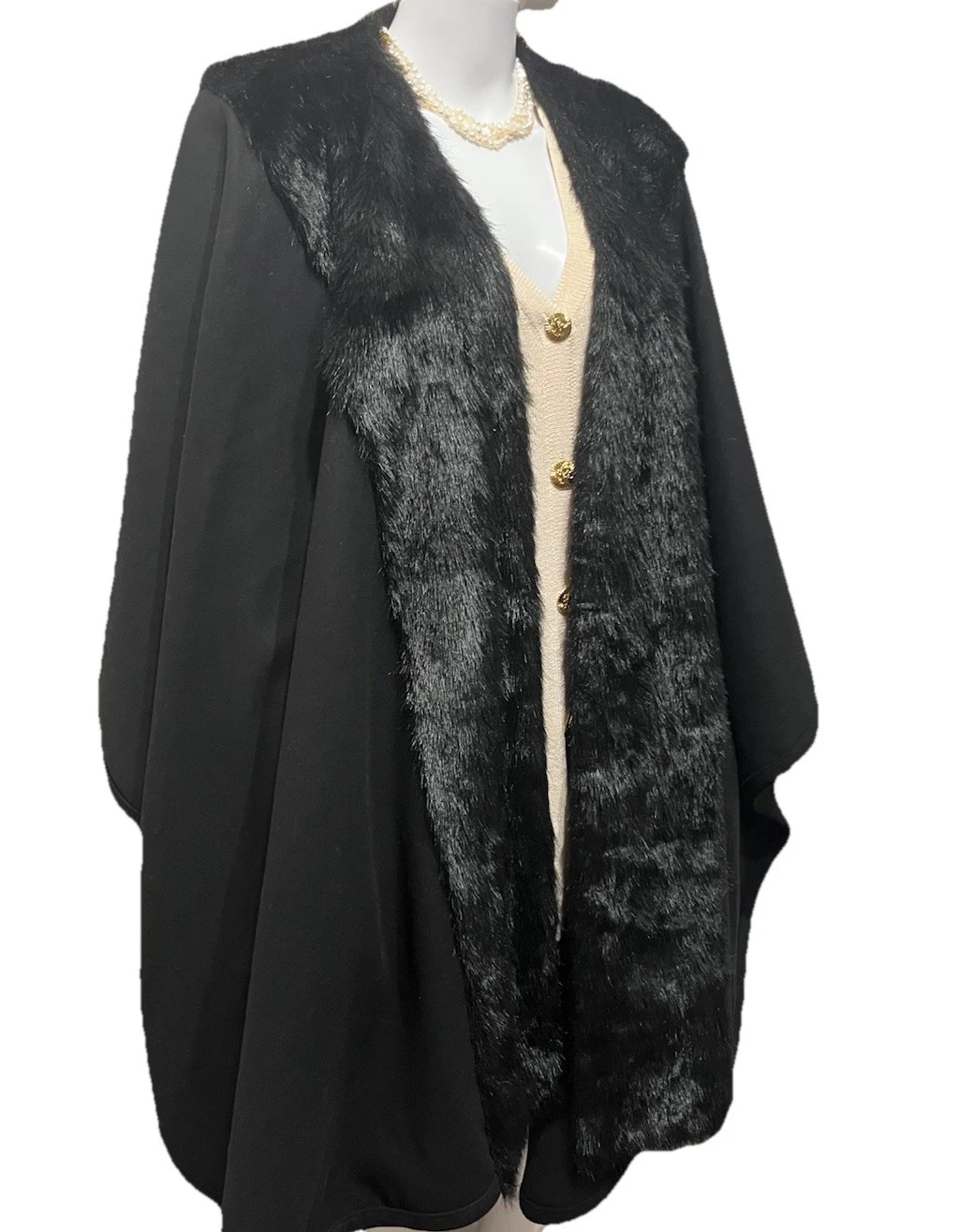 Ashro Black Cape Beautiful Knee Length Faux Fur Collar Coat Plus One Size Poncho