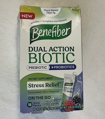 Benefiber Dual Action Biotic Plus Stress Relief Mixed Berry 18 Packs Exp 02/26