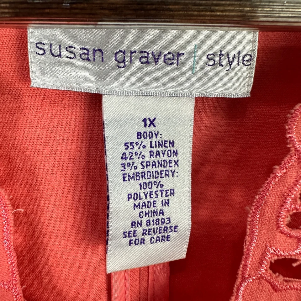 Chaqueta Susan Graver 1X Coral Lino Mezcla Ojales Botón Boho Cottagecore Romántica Foto 2 de 4