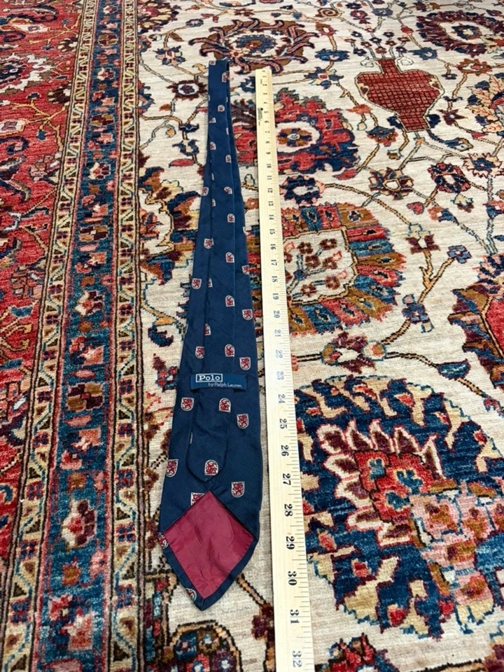 Polo Ralph Lauren gravata de seda feita à mão azul marinho brasão heráldico vintage preppy EUA - Imagem 4 de 4