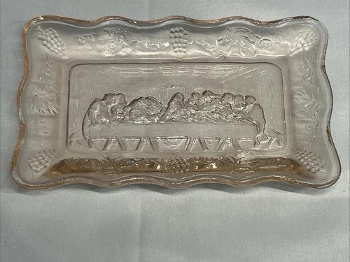 Vintage The Last Supper Tiara Indiana Glass Butter Dish Pink Depression Glass