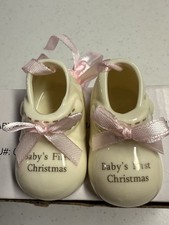 Radiant Treasures Christmas Ornament Girl Ceramic Shoes Ivory Pink Ribbon