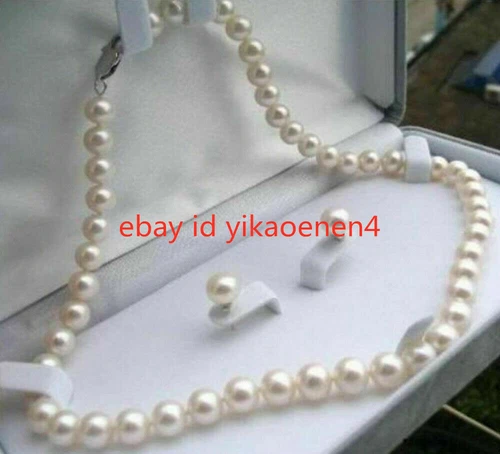 7-8mm Real Natural White Cultured Pearl Necklace Earrings Jewelry Set 18"