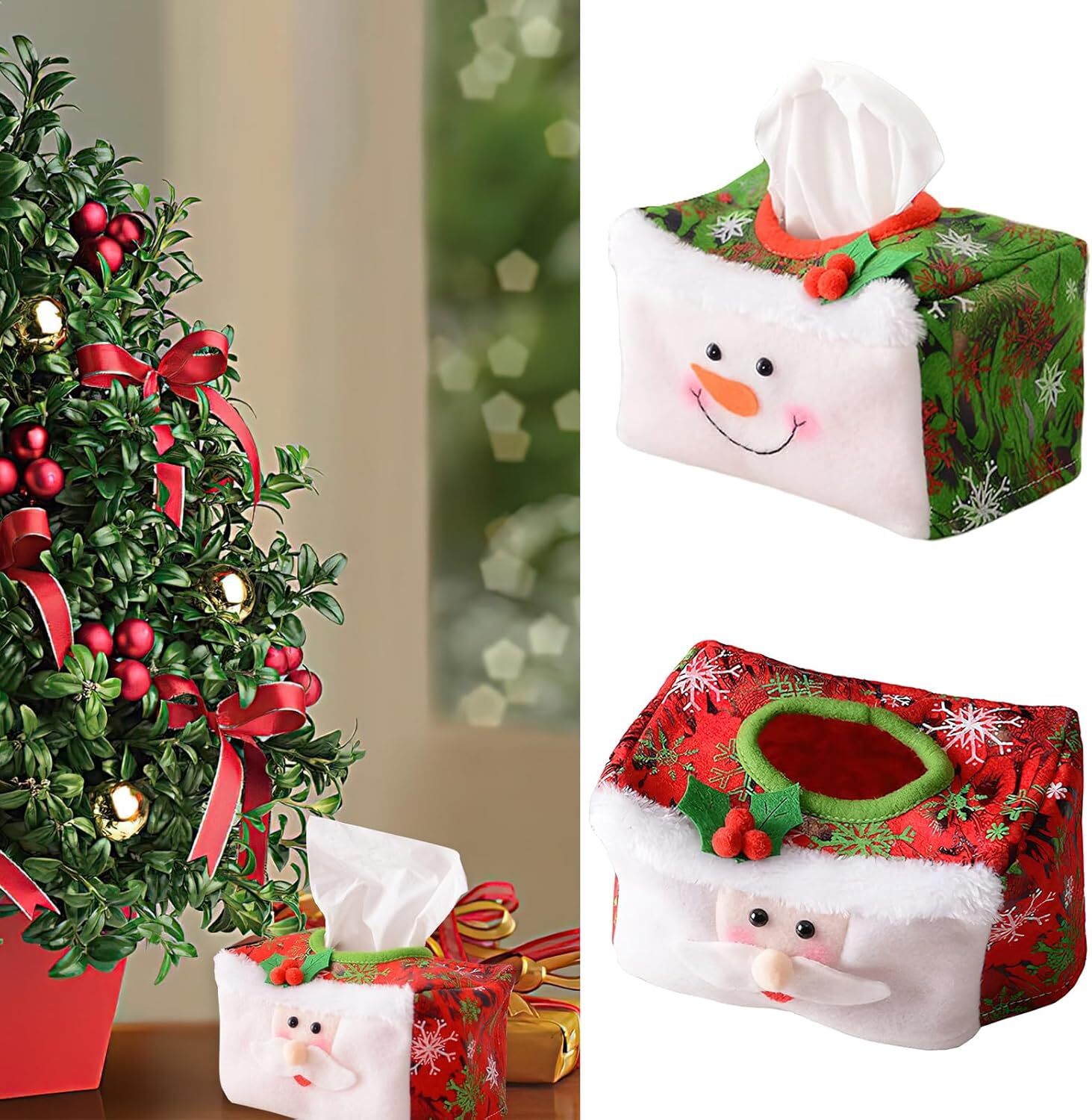2Pcs Christmas Tissue Box Covers Red Green Santa & Snowman Patterns Party Decor
