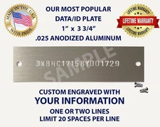 ENGRAVED VIN SERIAL NUMBER DATA PLATE TAG DATA ANODIZED ALUMINUM 1" x 3 3/4" USA