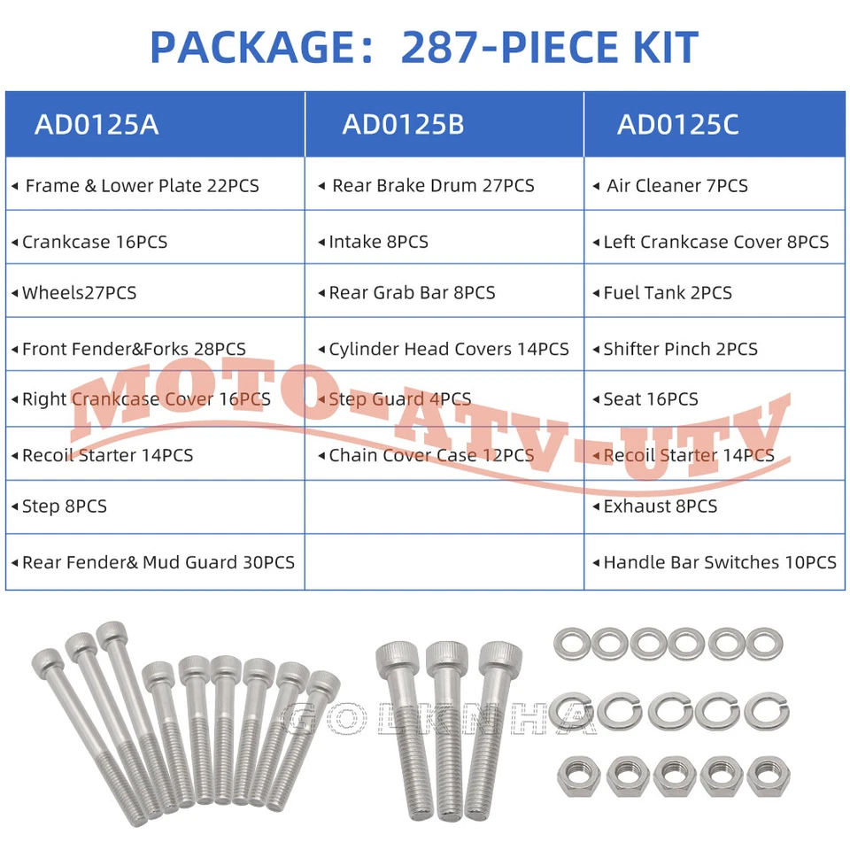 287pcs 304 Stainless Steel Polished Bolt Screw Kit Set for Honda ATC70 1978-1985 - Image 3 of 4