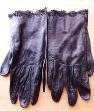 Vintage Women's Black Leather Gloves Black Eyelet Goth Dark Academia Theatre S