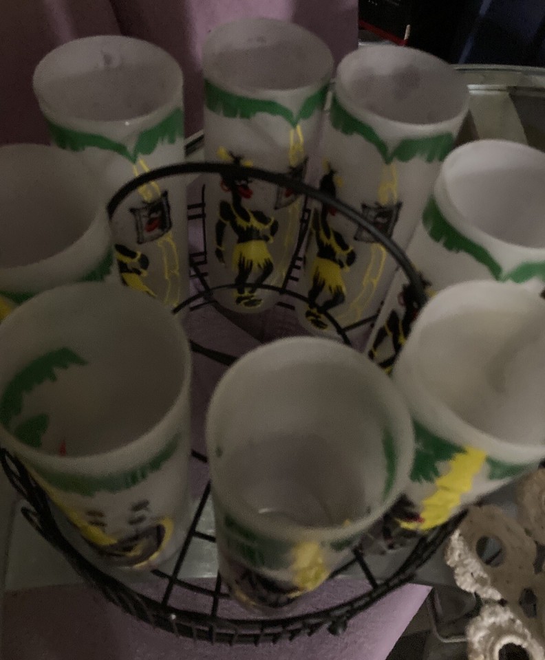 Vintage Federal Tiki Bar Glass Dancing Native Tom Collins Glass 7 in