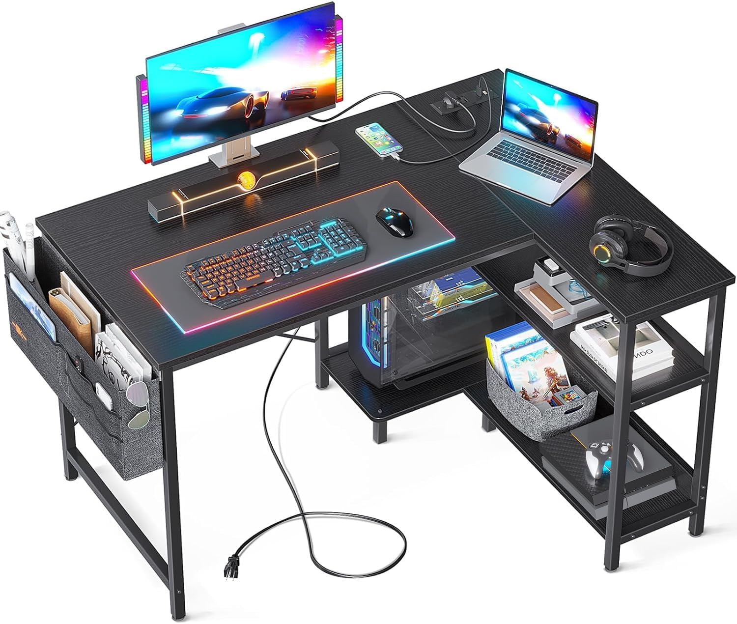 40 Inch Small L Shaped Gaming Computer Desk with Power Outlets, Reversible Stora