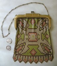 Antique Art Nouveau Gold Frame Brown Peach Green Enamel Chain Mail Mesh Purse