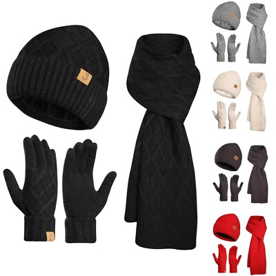 Winter Knit Hat Scarf Gloves Fleece Lined Beanie Touchscreen Glove for Men&Women