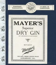 MAYER'S SUPERIOR DRY GIN ALCOHOL BOTTLE & CAP LABEL BAR DISPLAY MIXED DRINK RARE