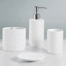 Ceramic Bathroom Accessories Set Vanity Decor Storage Organizer Embossed Damask 