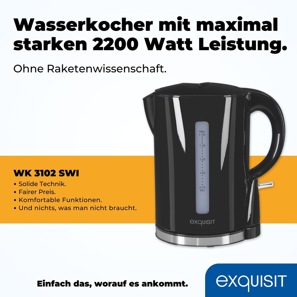 GUTFELS Wasserkocher WATER 2020 - 2200W, 1 Liter, Doppelwandig Mit Kalkfilter