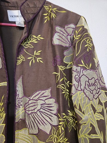 Vtg 90s Victor Costa M Coat & Pant Sz 4 Womens Brown Floral Embroidered Asian - Picture 6 of 13