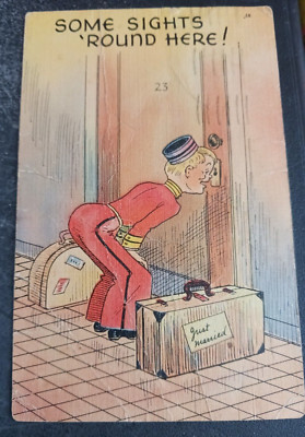 1942 postcard Some Sights Round Here Hotel Bellhop Peeks Keyhole posted risque
