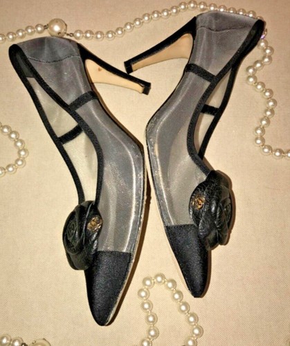 CHANEL COCO Mesh CC Floral Logo Black Pointed toe CC on Heel Pumps Size 41 - Picture 14 of 21