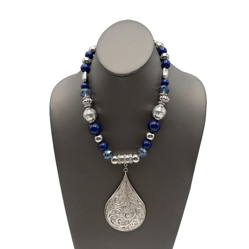 Silver Tone Acrylic Blue Smoke Glass Faceted Bead Teardrop Pendant Necklace