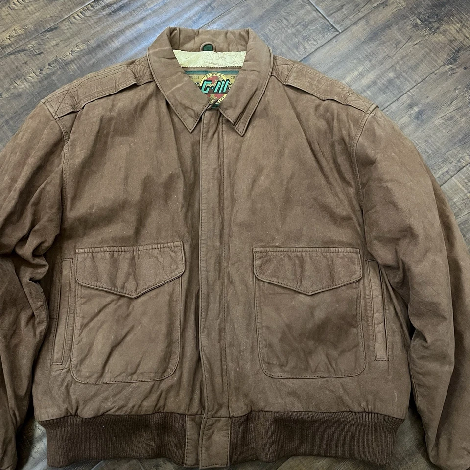 Vintage Global Identity G-III Jacket Mens XL Leather Bomber Flight Brown Map - Image 3 of 4