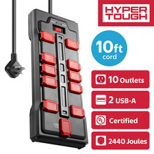 Hyper Tough Surge Protector Power Strip with Usb, 10 Safety Outlets, 10ft Extens