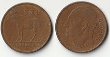 1958 Norway 5 ore coin with moose