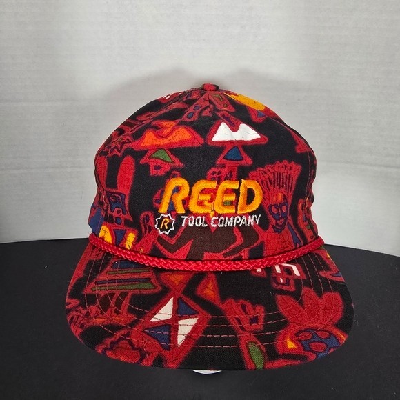 Vintage Tribal Print Reed Tool Company Hat Cap Hook Loop Buckle Red Made In USA
