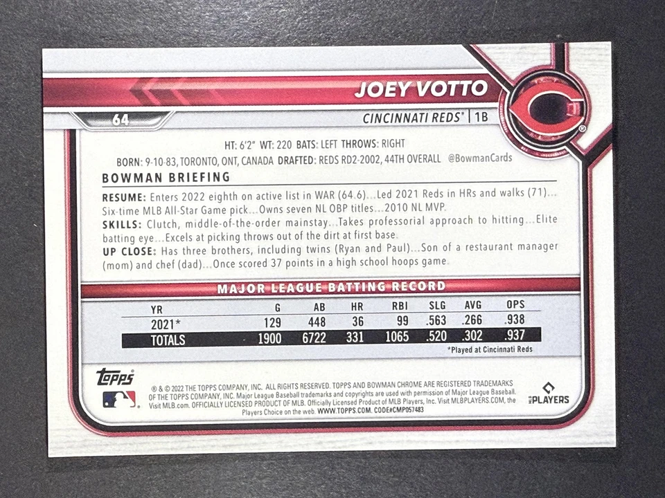 2022 Bowman Chrome Sapphire #64 Joey Votto Yellow #/50 SP Cincinnati Reds - Image 2 of 2