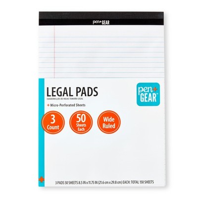Pen+Gear Wide Ruled Perforated Legal Pad, 8.5'' x 11'', 50 Sheets Each, 3 Count