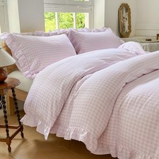 Pink Gingham Ruffle Duvet Cover Queen Size 3 Pieces Soft Pre-Washed Microfiber