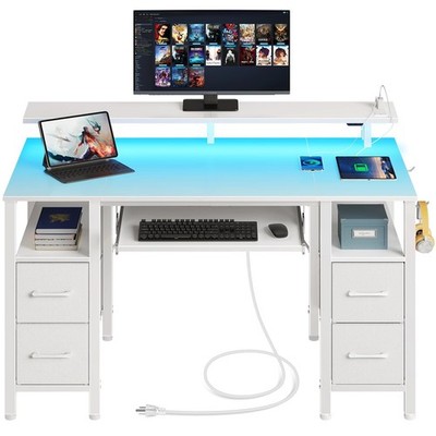 Computer Desk 55.1'' with Lights & Power Outlets, Home Office Desk with 4 Draw...