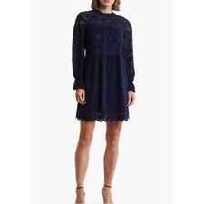 Tahari ASL Womens Lace Mini Dress 4 Blue Long Sleeve Mock Neck Babydoll NWT