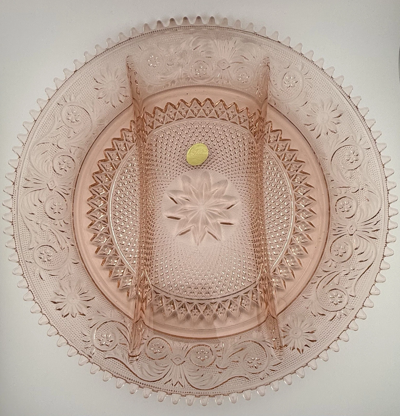 Vtg Tiara Pink Peach Sandwich Glass 3-Part Relish Tray 12" by Indiana Glass