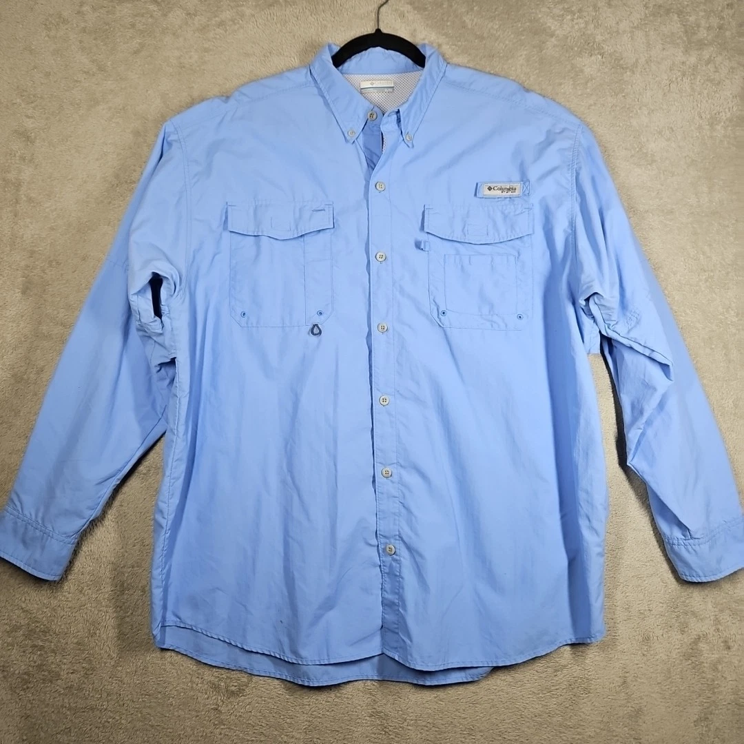 Columbia PFG Sky Blue Fishing Shirt L/S Button Front hook and loop Pockets XL