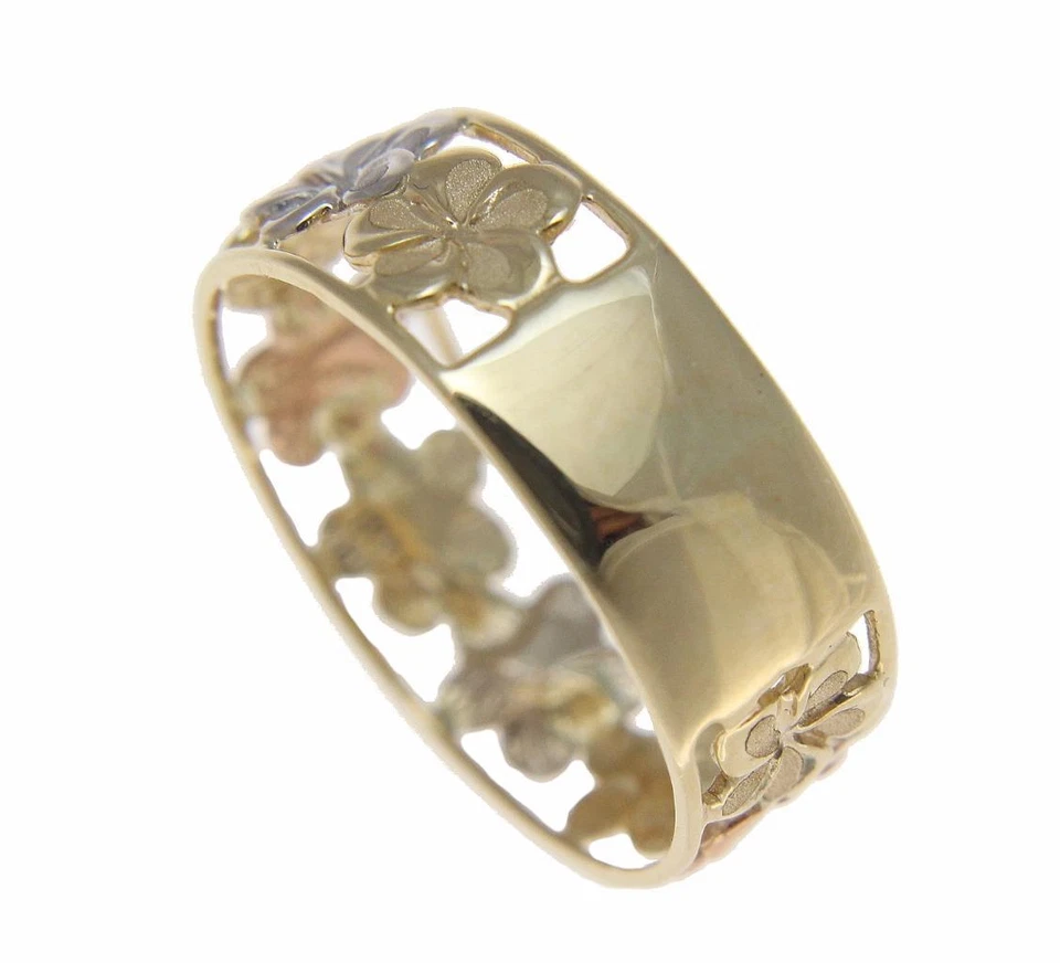 SOLID 14K YELLOW WHITE ROSE GOLD HAWAIIAN FANCY PLUMERIA FLOWER LEI RING 6.5MM - Image 4 of 4