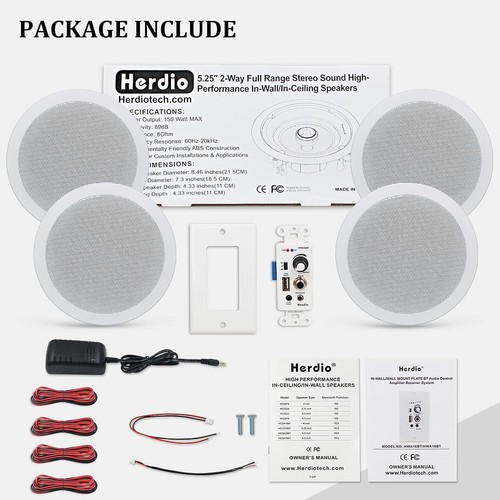 4-Speaker Herdio 5.25" Bluetooth Ceiling Speakers 600W + Wall Amplifier Receiver - Picture 7 of 12