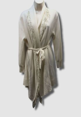 $595 Neiman Marcus Women's Ivory Suede Fringe Cashmere Cardigan Sweater Size L