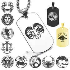 Stainless Steel Zodiac Astrology Horoscope Star Sign Dog Tag Pendant Necklace