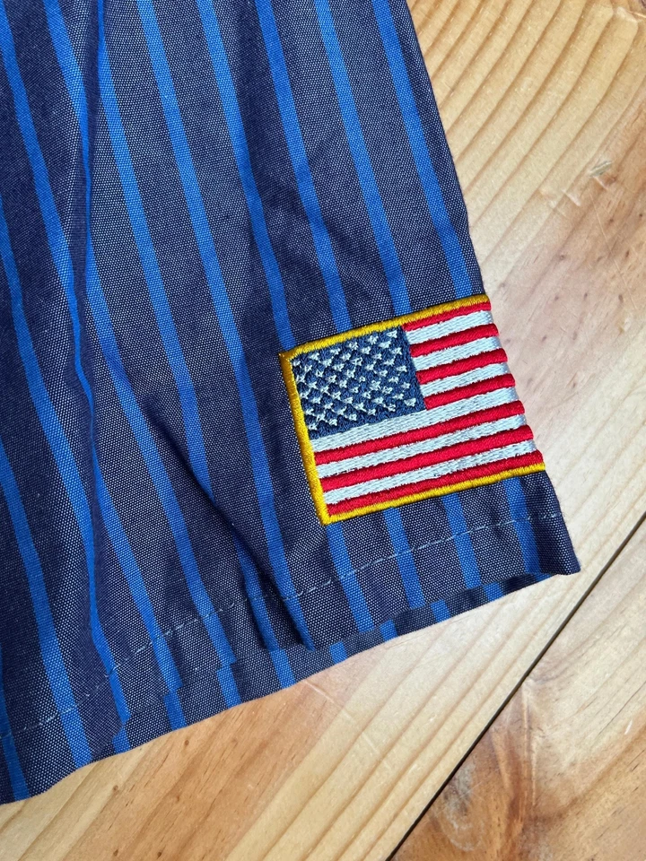 Vintage Red Kap Work Shirt USA Flag Marine Patch XL Blue Stripe Y2K Uniform - Image 4 of 4
