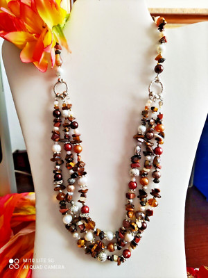 Fashion necklace 3 strands Tiger Eye cultured pearls rhinestones 54 cm