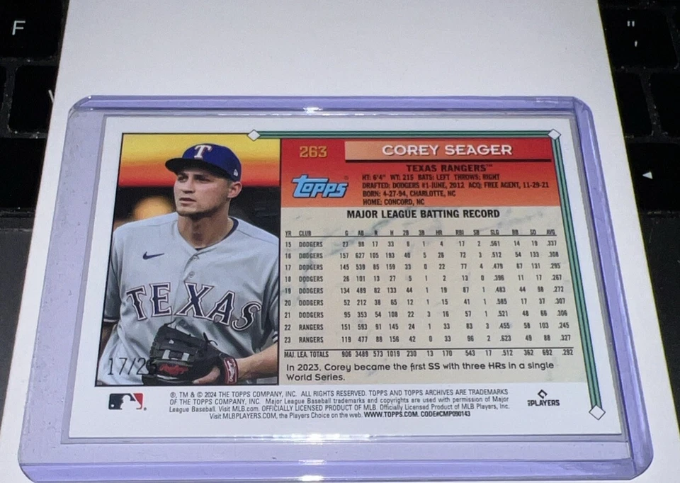 2024 Topps Archives Corey Seager Blue  Foil #17/25 Texas Rangers #263 - Image 2 of 2