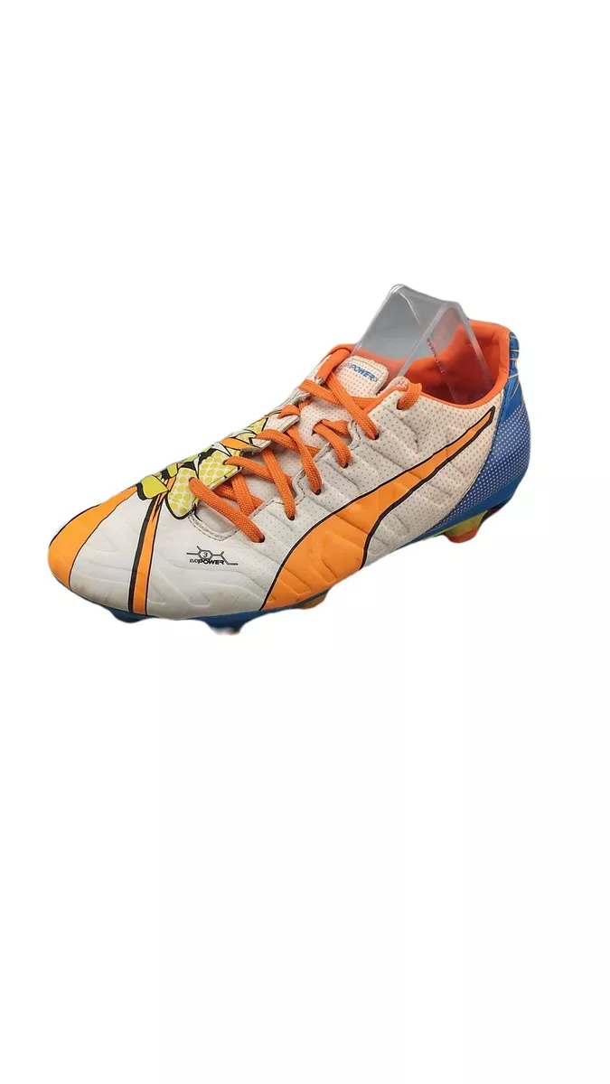 PUMA Evopower Pop Fig JR Soccer Shoe, White/Orange/Electric Blue Lemonade,  4.5M