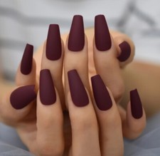 24 Press on nails kit w glue Long matte maroon burgundy dark red coffin