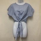 Women S Short Top Front Tie Blue/White Stripes Back Zipper Short Kimono Sleeves