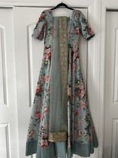 Sky Blue Floral Floor Length Anarkali w/ Pants and Net Dupatta
