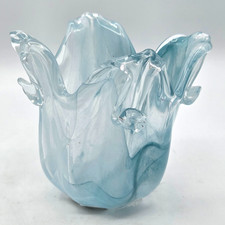 Vintage Murano Style Ruffled Edge Hand Blown Glass Vase Aqua Blue