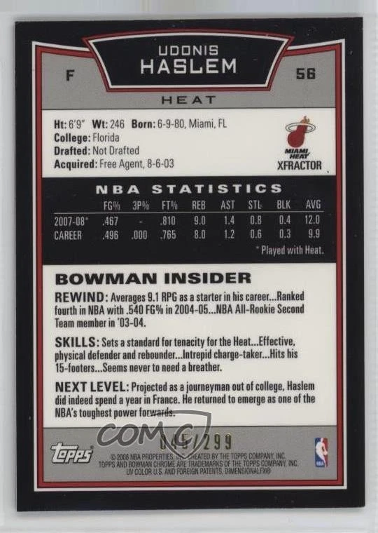 2008-09 Bowman Draft Picks & Stars Chrome X-Fractor /299 Udonis Haslem #56 - Image 2 of 2