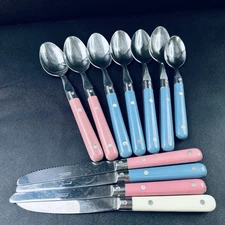 Vtg Interpur Stainless Flatware Blue Pink Plastic Handle Spoons Knives Spoon