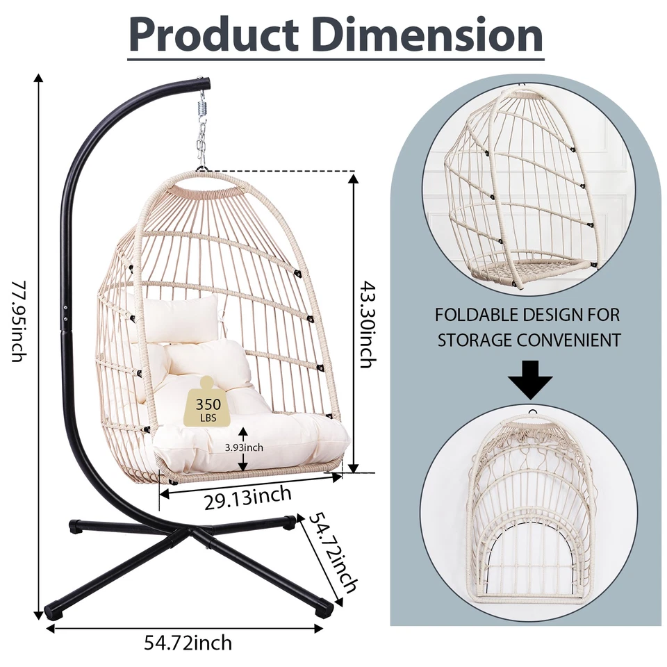Silla Colgante Huevo Exterior con Soporte, Patio Mimbre Columpio Huevo Silla, Blanco roto Foto 3 de 4